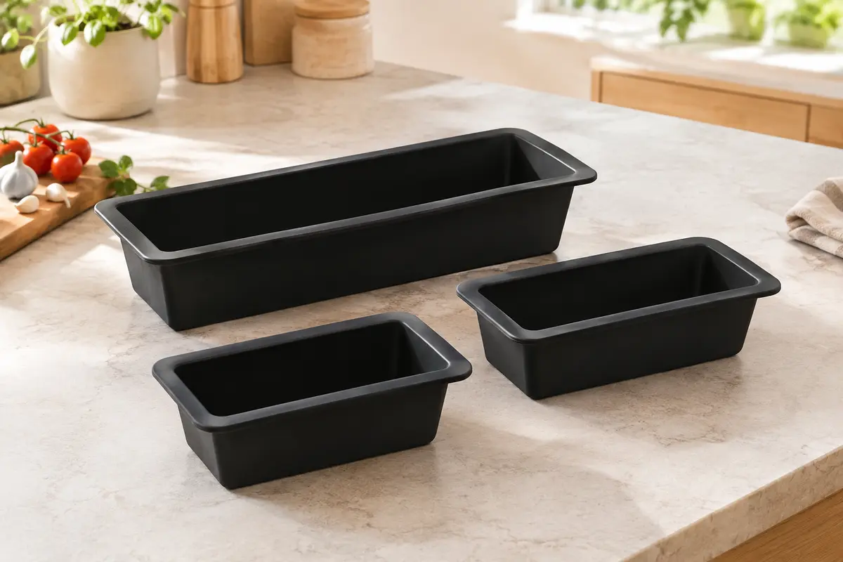 Trois moules rectangulaires noirs en silicone, un grand et deux petits, sur un plan de travail clair