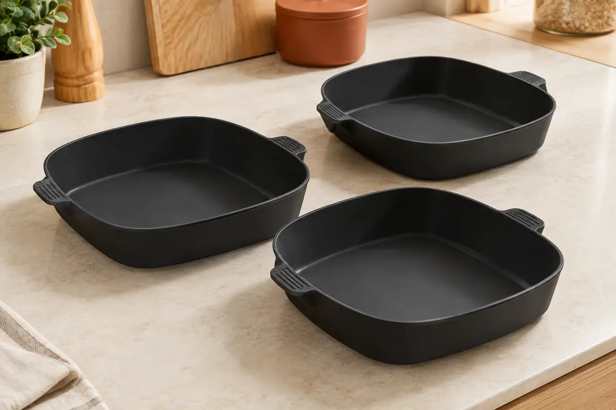 Trois moules réutilisables noirs en silicone posés sur un plan de travail clair.