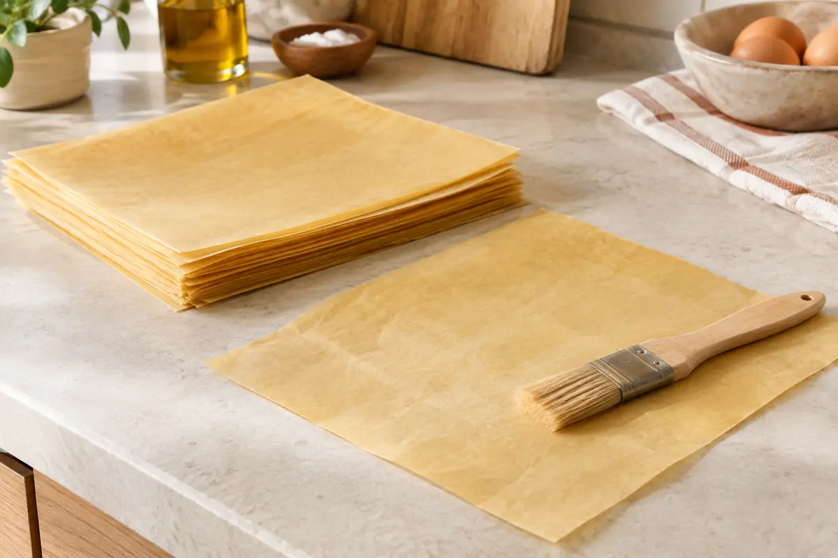 Feuilles plates de papier cuisson jaune d’or et pinceau à huile posés sur un plan de travail clair