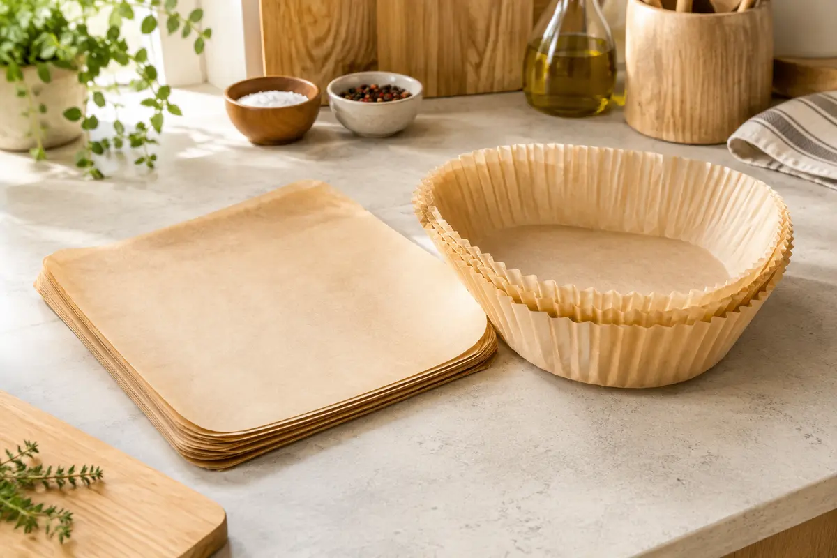 Papiers de cuisson carrés et moules en papier pour friteuse à air disposés sur un plan clair