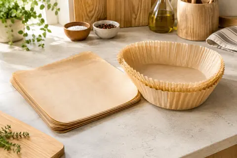 Papiers de cuisson carrés et moules en papier pour friteuse à air disposés sur un plan clair
