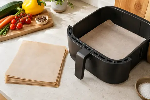 Feuilles carrées de papier cuisson près du panier d’une friteuse à air, avec quelques légumes sur un plan clair