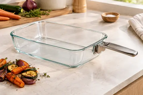 Plat de cuisson rectangulaire en verre transparent avec poignée clipsable en inox, posé sur un plan de travail clair