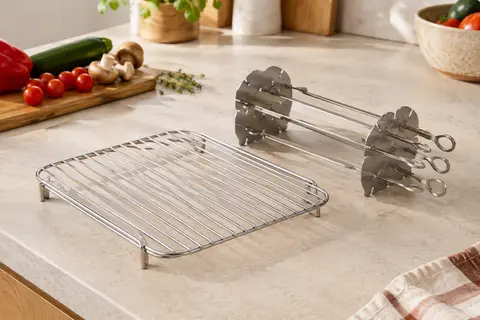 Grille en acier inoxydable et support avec quatre brochettes pour friteuse à air