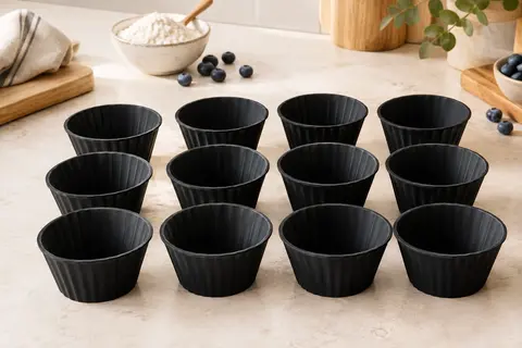 Douze moules à muffins jumbo en silicone noir présentés sur un plan de travail clair