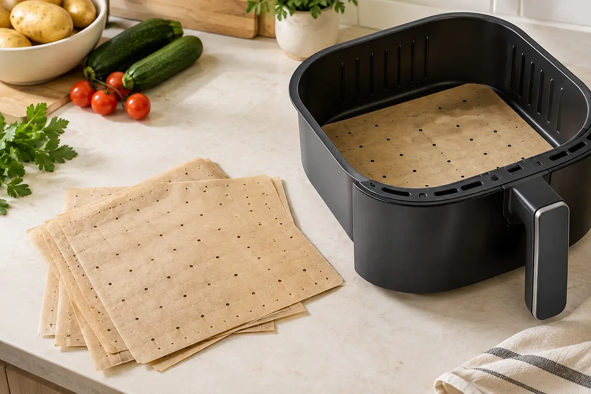 Feuilles carrées de papier de cuisson perforé brun clair posées près d’un panier de friteuse à air