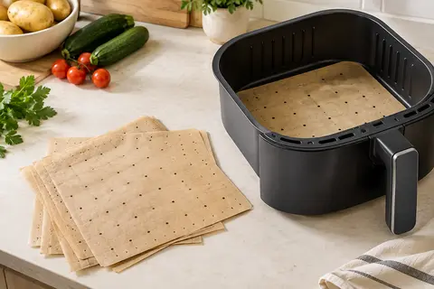Feuilles carrées de papier de cuisson perforé brun clair posées près d’un panier de friteuse à air