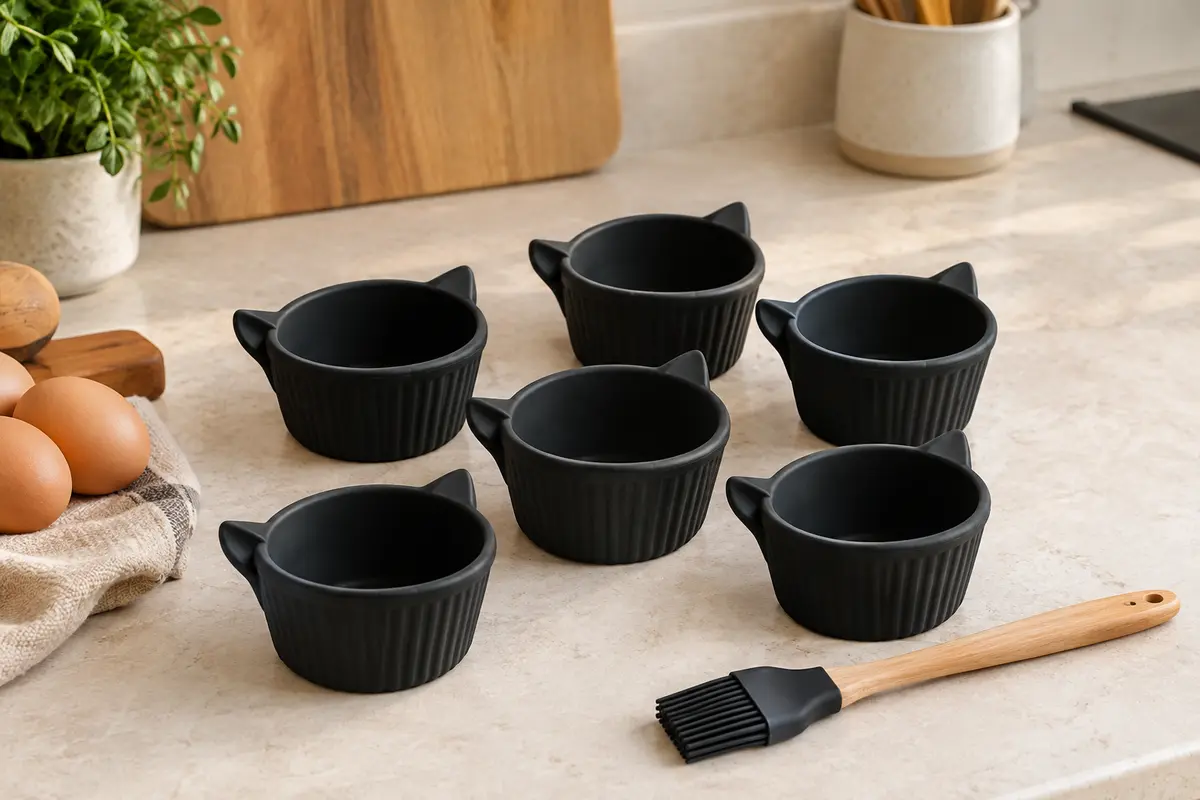 Six ramequins noirs en silicone avec oreilles de préhension et brosse à huile, posés sur un plan clair