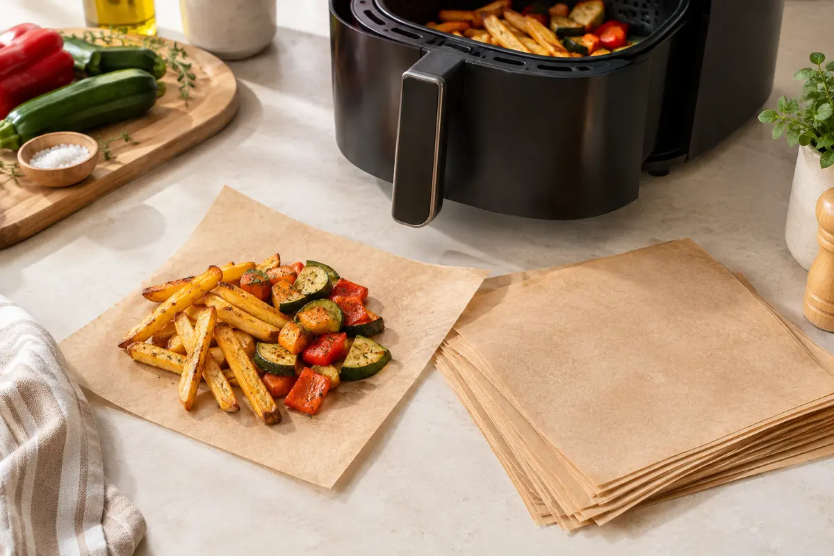 Feuilles carrées de papier cuisson près d’un panier de friteuse à air garni de frites et de légumes.