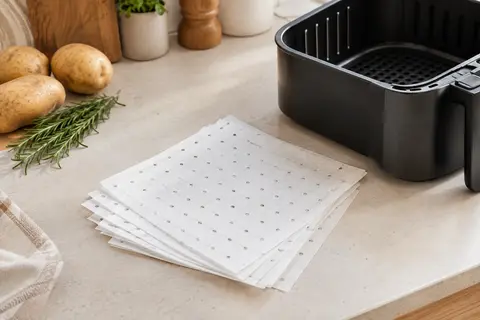 Feuilles blanches de papier cuisson perforées près d’un panier de friteuse à air, sur un plan clair.