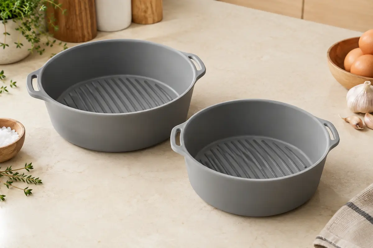 Deux paniers ronds gris en silicone à fond strié, posés sur un plan de travail clair