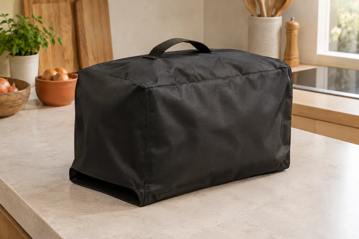 Housse noire en tissu Oxford 600D avec poignée supérieure, posée sur un plan de travail clair