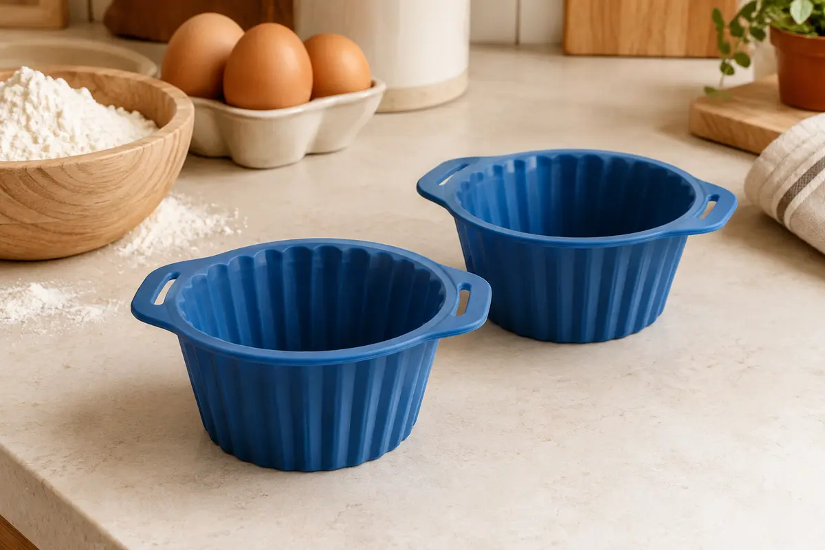 Deux moules profonds bleus en silicone pour muffins posés sur un plan de travail clair