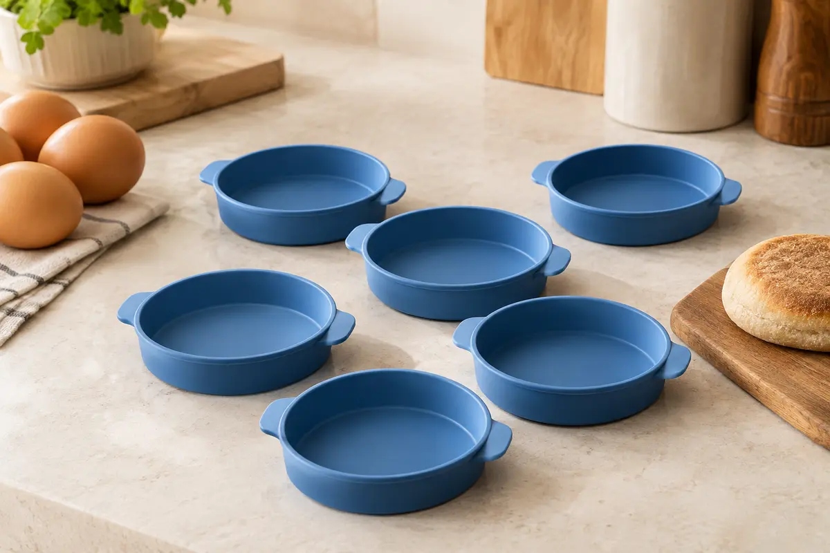 Six moules ronds bleus en silicone disposés près d’œufs et d’un petit pain sur un plan clair.