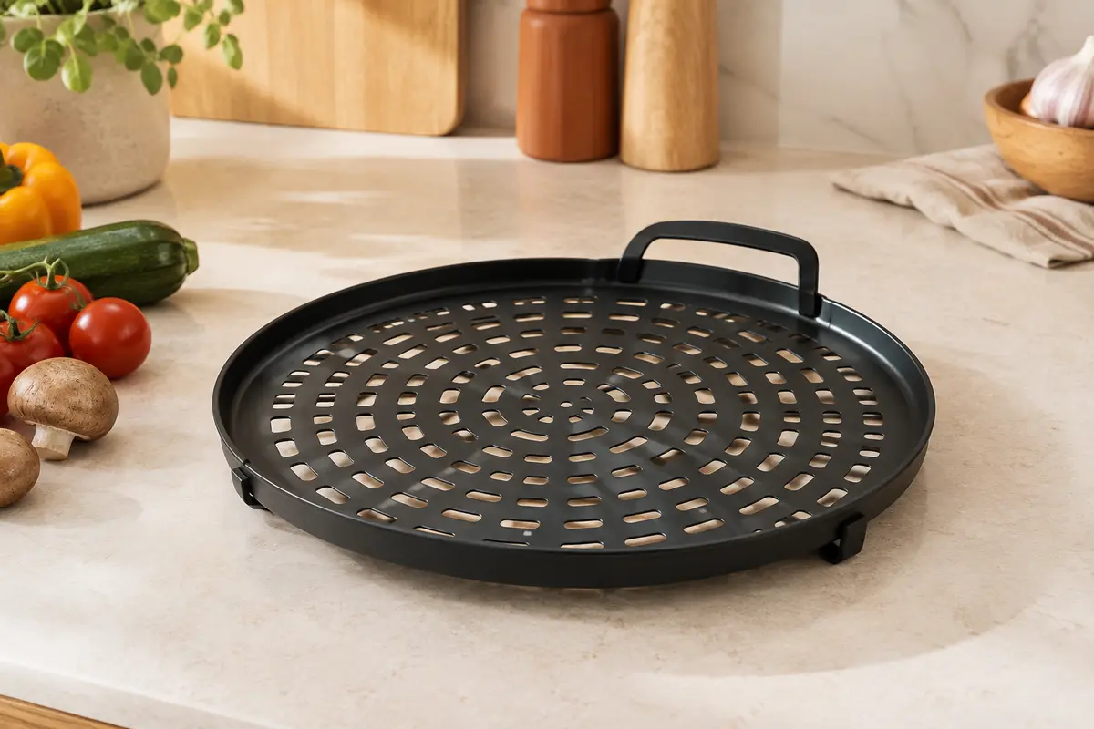 Grille ronde noire antiadhésive avec poignée, posée sur un plan de travail clair.