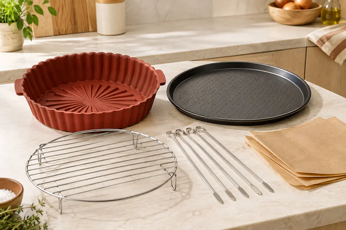 Kit d’accessoires pour friteuse à air avec moule en silicone, plateau à pizza, grille, brochettes et feuilles de cuisson