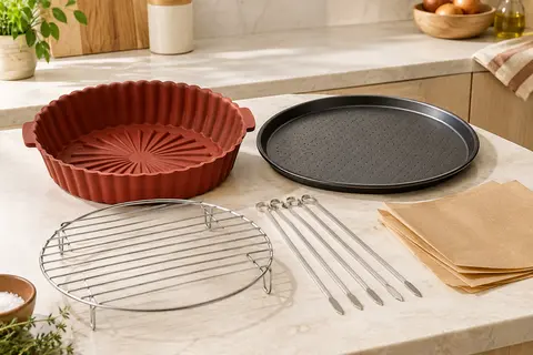 Kit d’accessoires pour friteuse à air avec moule en silicone, plateau à pizza, grille, brochettes et feuilles de cuisson