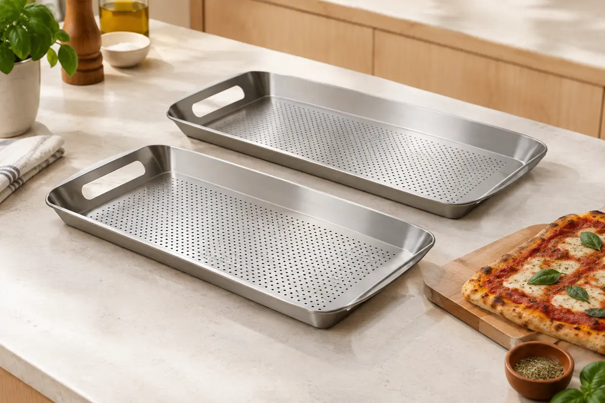 Deux inserts à pizza rectangulaires en inox perforé posés sur un plan de travail clair