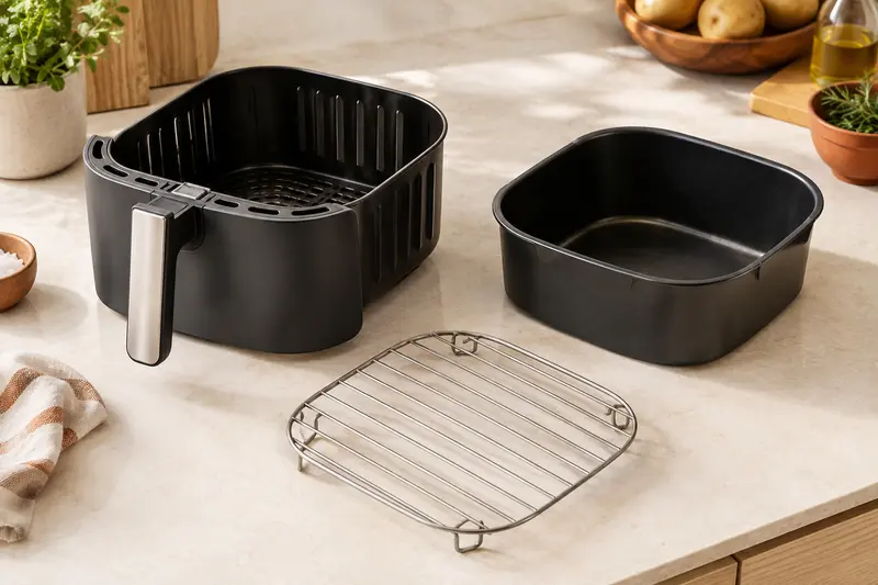 Panier, grille et moule présentés côte à côte pour comparer leurs formes et leurs usages