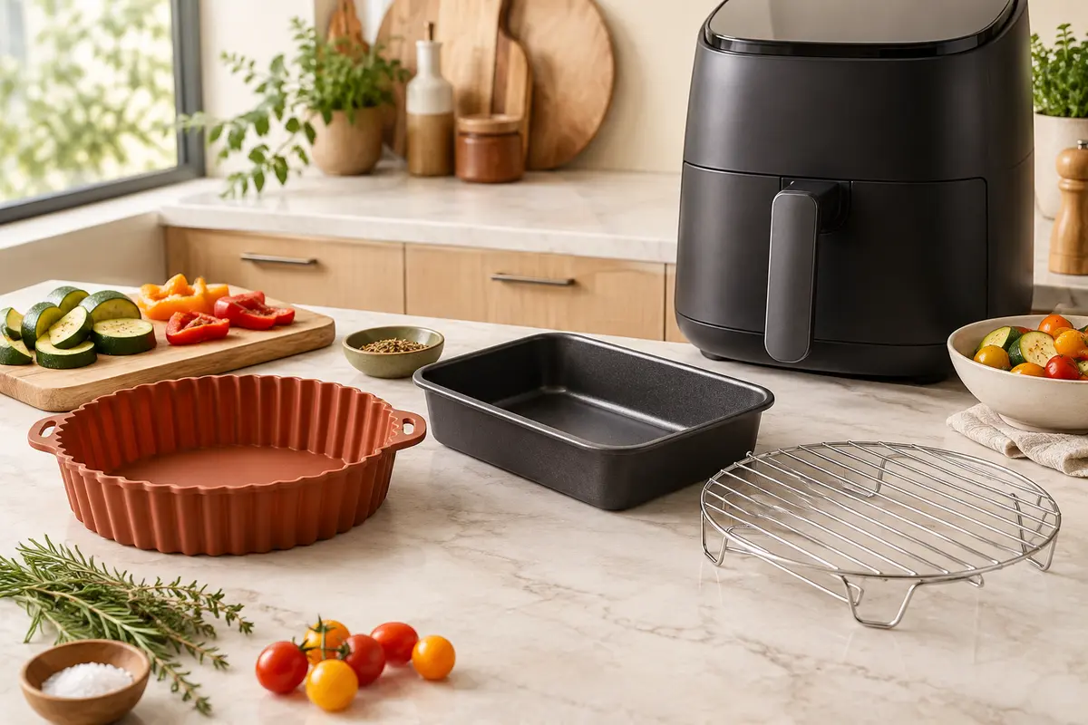 Moule, plat et grille pour friteuse à air disposés sur un plan de travail clair